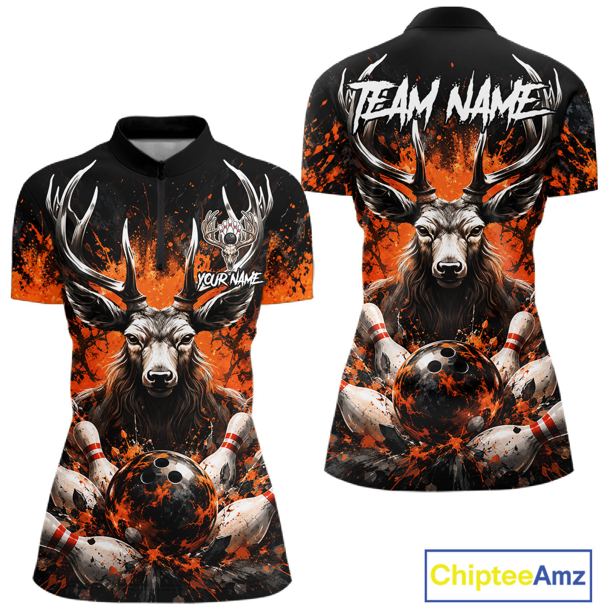 Orange Splatter Bowling Shirt Deer Bowling Jersey Personalized Name Bowling Tournament Shirt