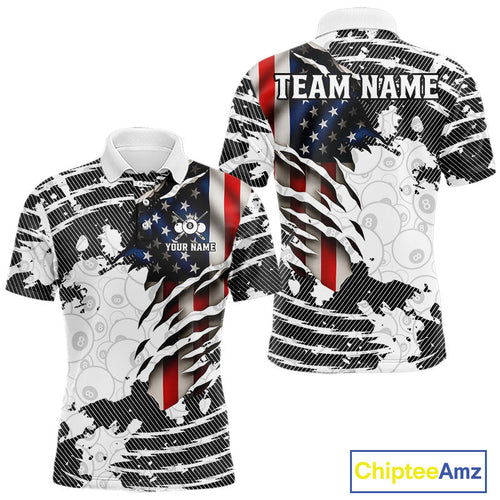 US Flag 8 Ball Billiard Team Shirt Custom Patriotic Pool Polo & 1/4-Zip Billiard Attire