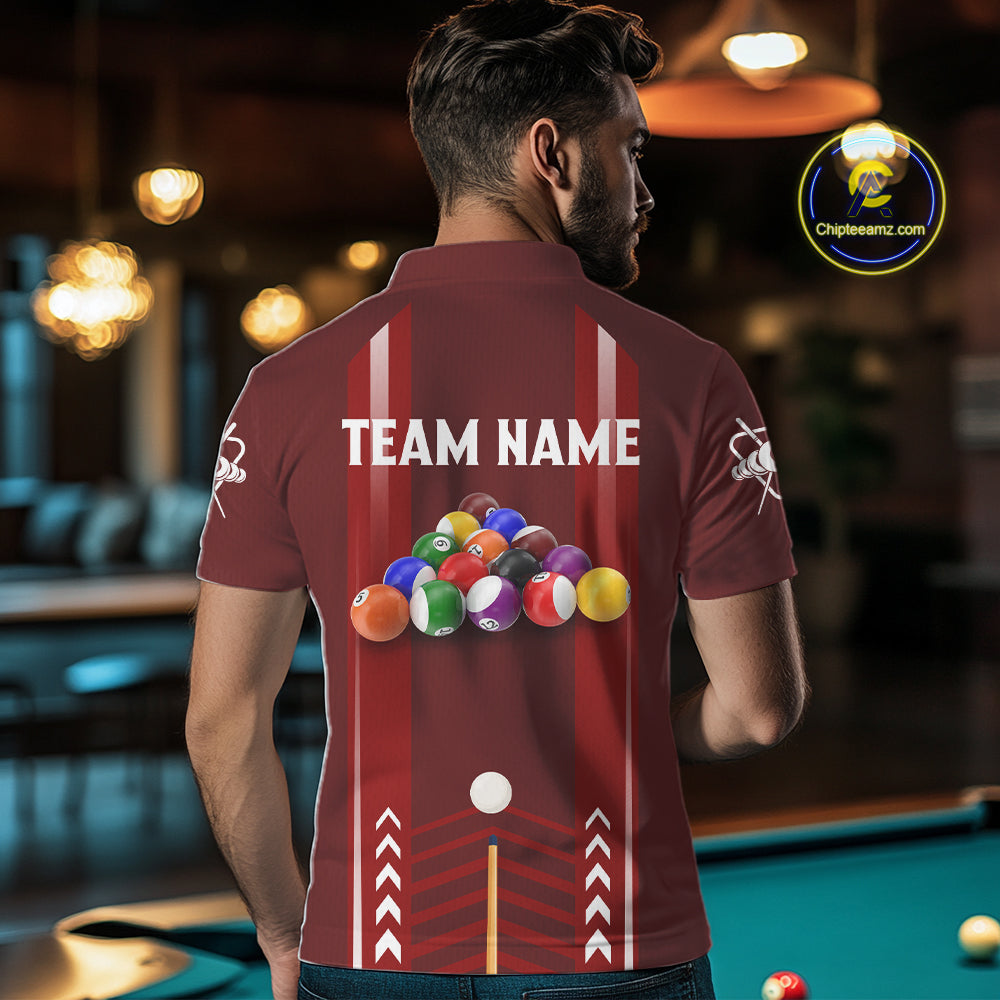 Personalized Red Ball Billiard Polo & 1/4 Zip Shirt Custom Pool Team Shirt Billiard Jersey