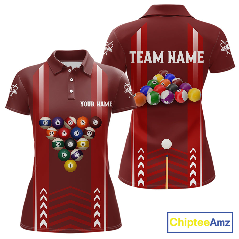 Personalized Red Ball Billiard Polo & 1/4 Zip Shirt Custom Pool Team Shirt Billiard Jersey