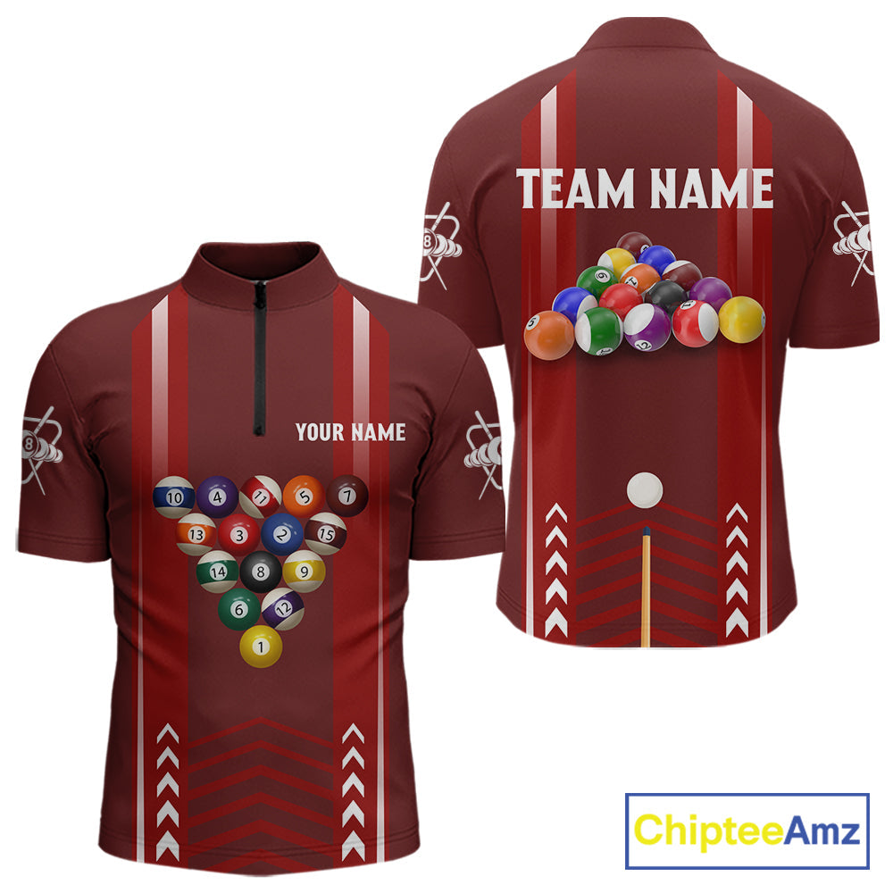 Personalized Red Ball Billiard Polo & 1/4 Zip Shirt Custom Pool Team Shirt Billiard Jersey