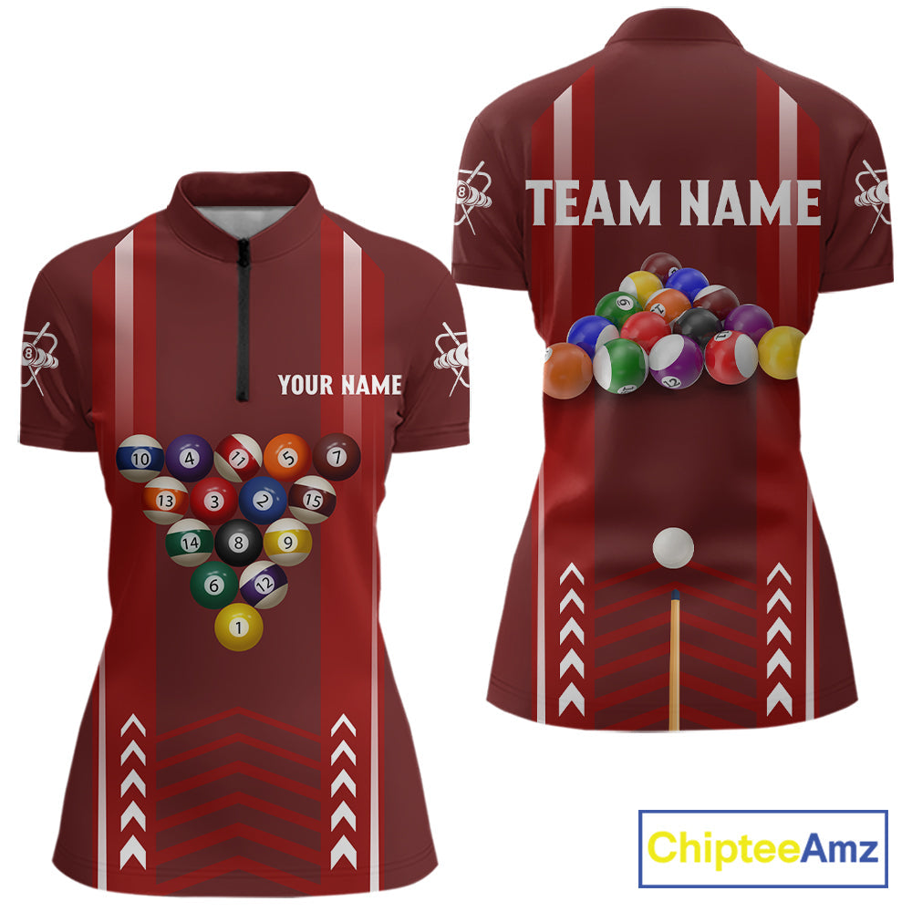 Personalized Red Ball Billiard Polo & 1/4 Zip Shirt Custom Pool Team Shirt Billiard Jersey