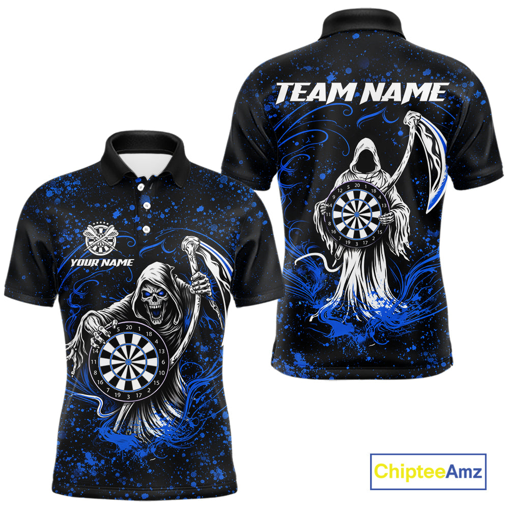 Black & Blue Splatter Grim Reaper Hold Dartboard Dart Shirts Custom Dart Team Shirts