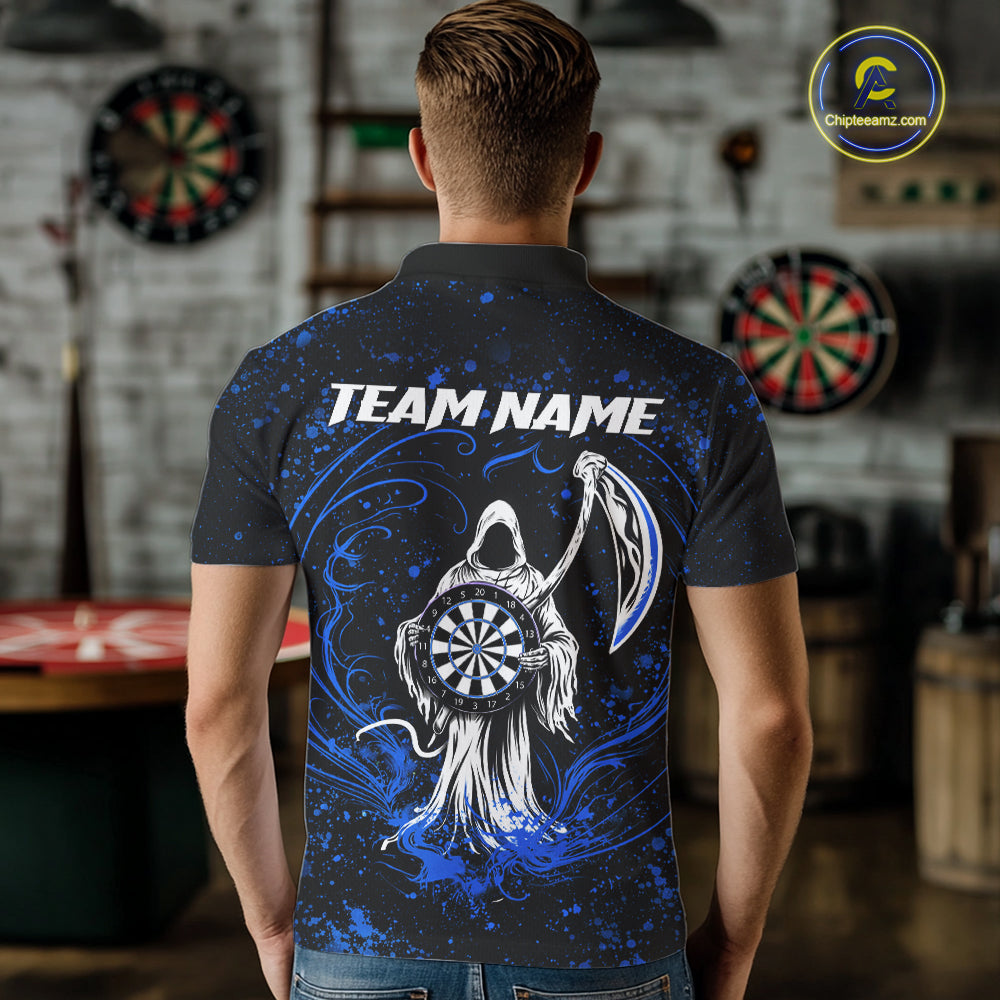 Black & Blue Splatter Grim Reaper Hold Dartboard Dart Shirts Custom Dart Team Shirts