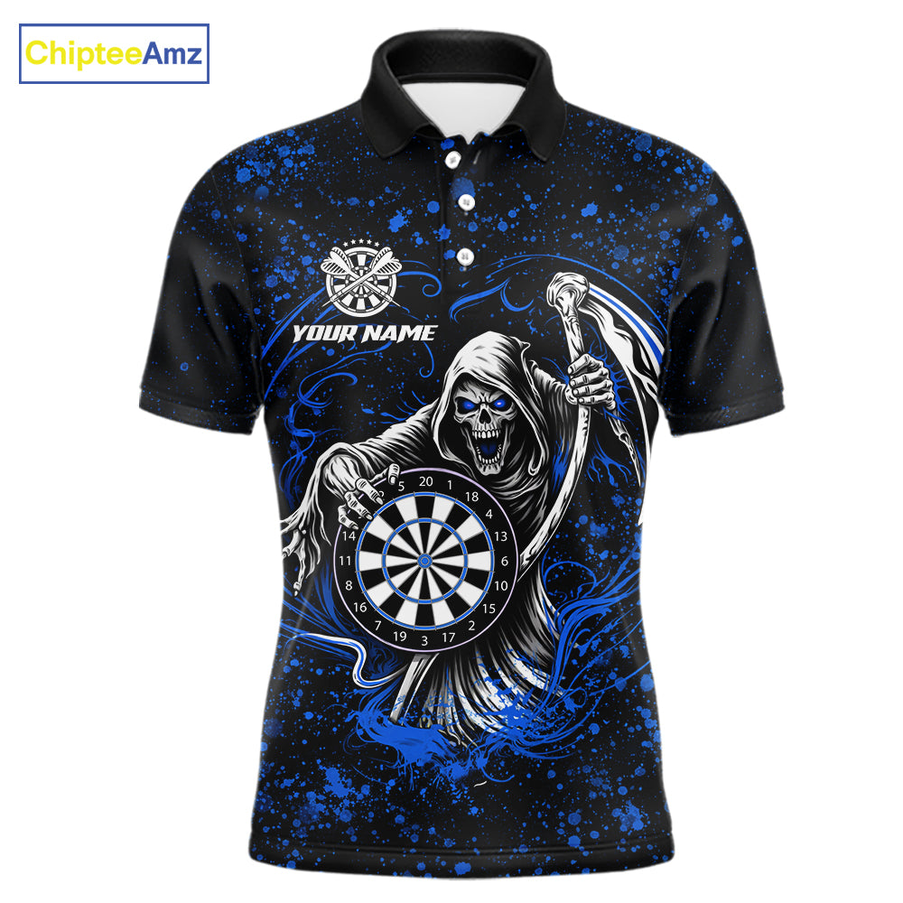 Black & Blue Splatter Grim Reaper Hold Dartboard Dart Shirts Custom Dart Team Shirts