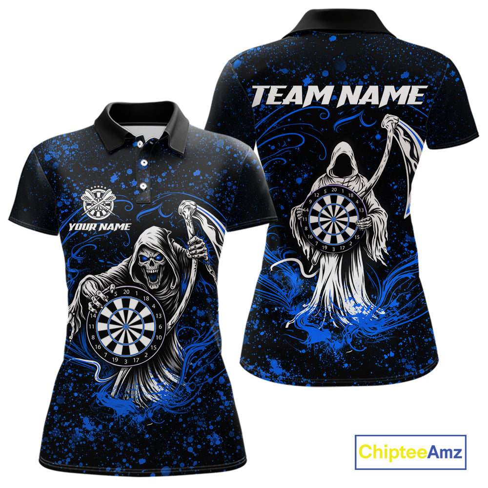 Black & Blue Splatter Grim Reaper Hold Dartboard Dart Shirts Custom Dart Team Shirts