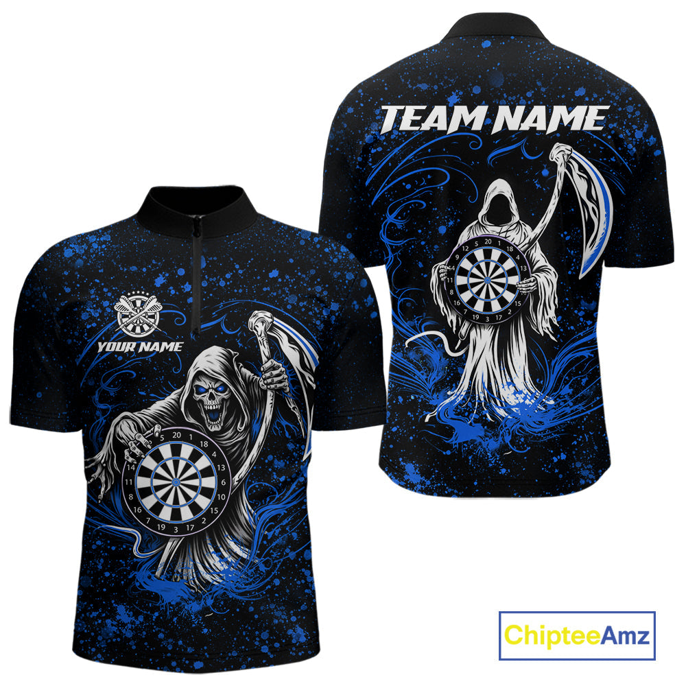 Black & Blue Splatter Grim Reaper Hold Dartboard Dart Shirts Custom Dart Team Shirts