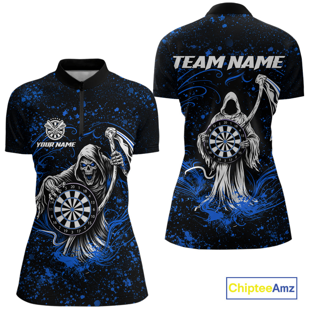 Black & Blue Splatter Grim Reaper Hold Dartboard Dart Shirts Custom Dart Team Shirts