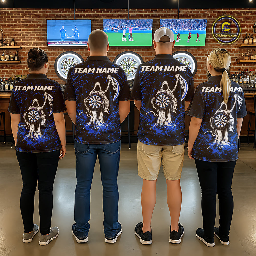Black & Blue Splatter Grim Reaper Hold Dartboard Dart Shirts Custom Dart Team Shirts
