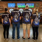 Black & Blue Splatter Grim Reaper Hold Dartboard Dart Shirts Custom Dart Team Shirts