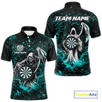 Black & Teal Splatter Grim Reaper Hold Dartboard Dart Shirts Custom Dart Team Shirts