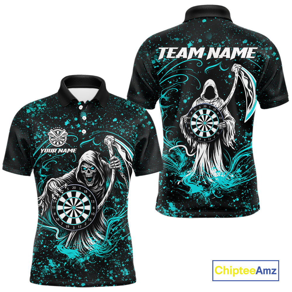 Black & Teal Splatter Grim Reaper Hold Dartboard Dart Shirts Custom Dart Team Shirts