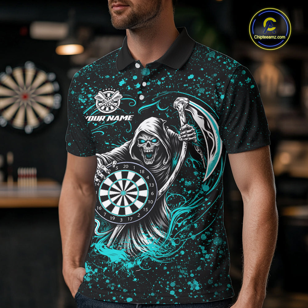 Black & Teal Splatter Grim Reaper Hold Dartboard Dart Shirts Custom Dart Team Shirts