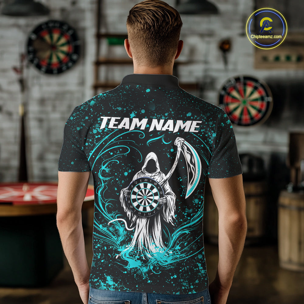 Black & Teal Splatter Grim Reaper Hold Dartboard Dart Shirts Custom Dart Team Shirts