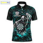 Black & Teal Splatter Grim Reaper Hold Dartboard Dart Shirts Custom Dart Team Shirts