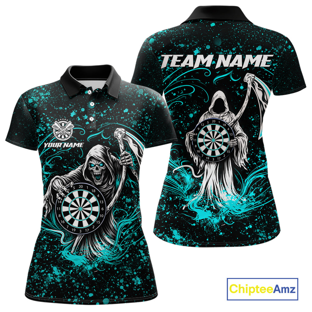 Black & Teal Splatter Grim Reaper Hold Dartboard Dart Shirts Custom Dart Team Shirts
