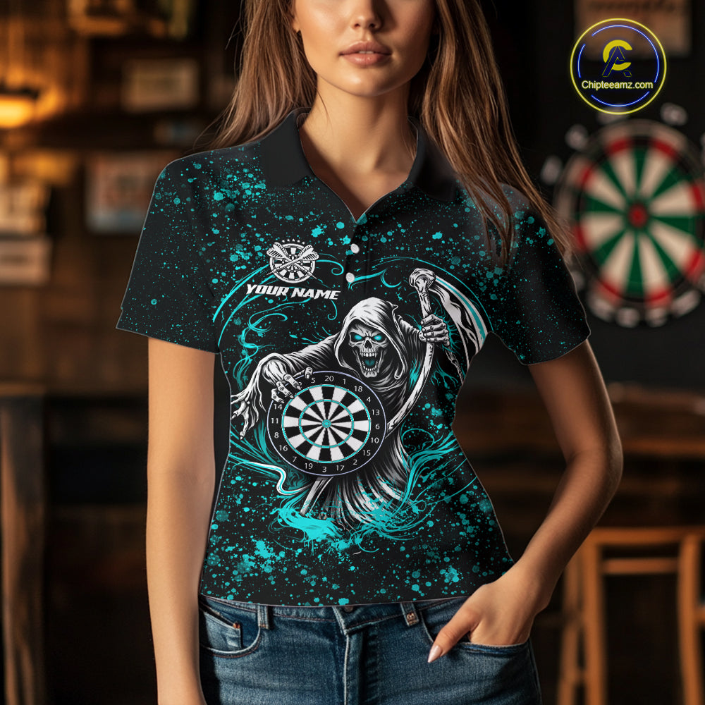 Black & Teal Splatter Grim Reaper Hold Dartboard Dart Shirts Custom Dart Team Shirts