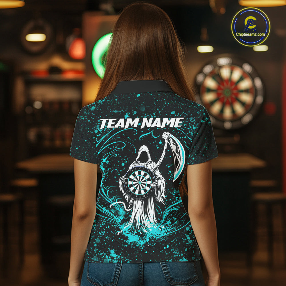 Black & Teal Splatter Grim Reaper Hold Dartboard Dart Shirts Custom Dart Team Shirts