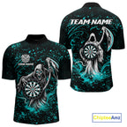 Black & Teal Splatter Grim Reaper Hold Dartboard Dart Shirts Custom Dart Team Shirts