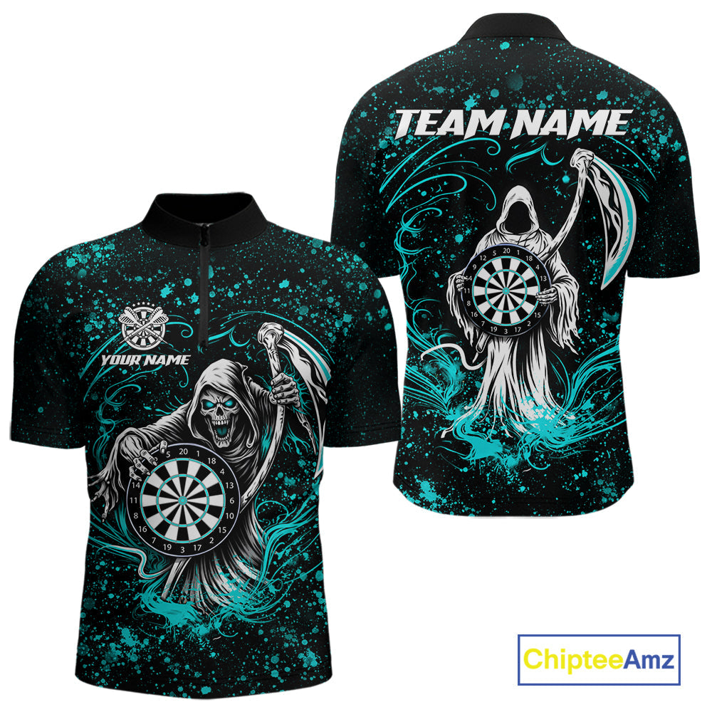 Black & Teal Splatter Grim Reaper Hold Dartboard Dart Shirts Custom Dart Team Shirts