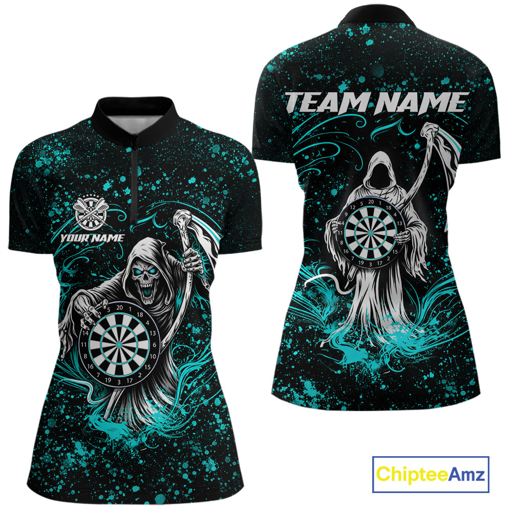 Black & Teal Splatter Grim Reaper Hold Dartboard Dart Shirts Custom Dart Team Shirts