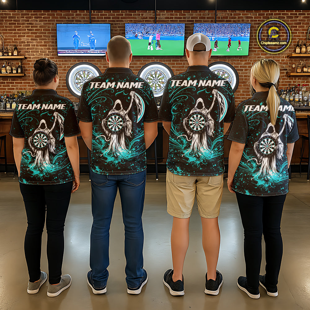 Black & Teal Splatter Grim Reaper Hold Dartboard Dart Shirts Custom Dart Team Shirts