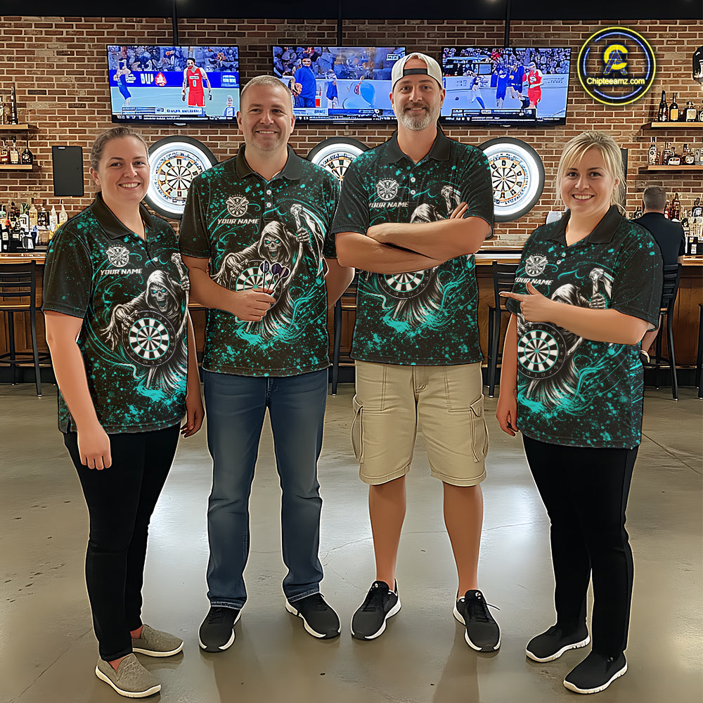 Black & Teal Splatter Grim Reaper Hold Dartboard Dart Shirts Custom Dart Team Shirts