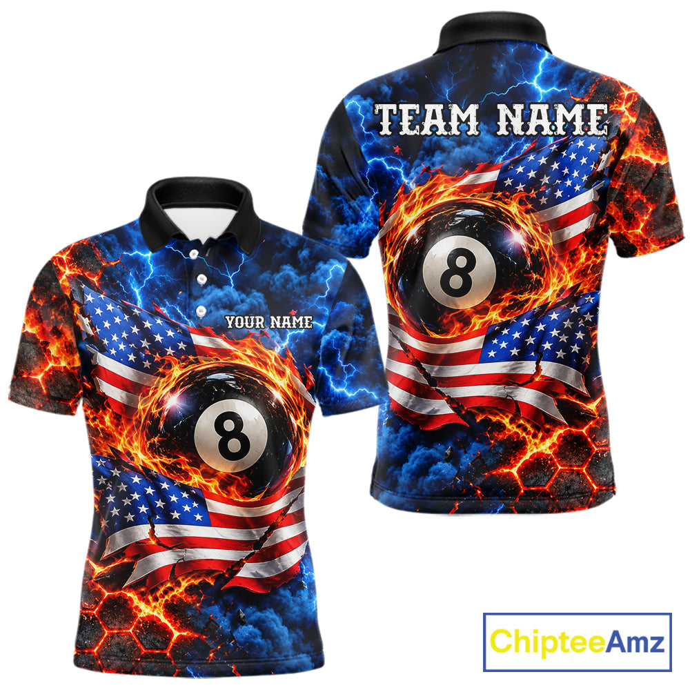 Flaming 8 Ball US Flag Billiard Shirt Custom Lightning Billiard Pool Shirt For Pool Lovers