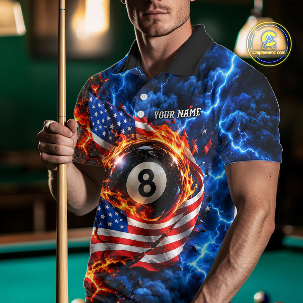 Flaming 8 Ball US Flag Billiard Shirt Custom Lightning Billiard Pool Shirt For Pool Lovers