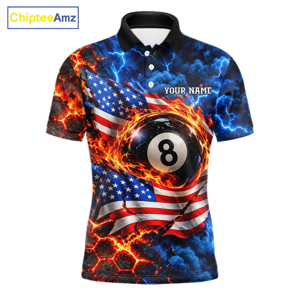 Flaming 8 Ball US Flag Billiard Shirt Custom Lightning Billiard Pool Shirt For Pool Lovers