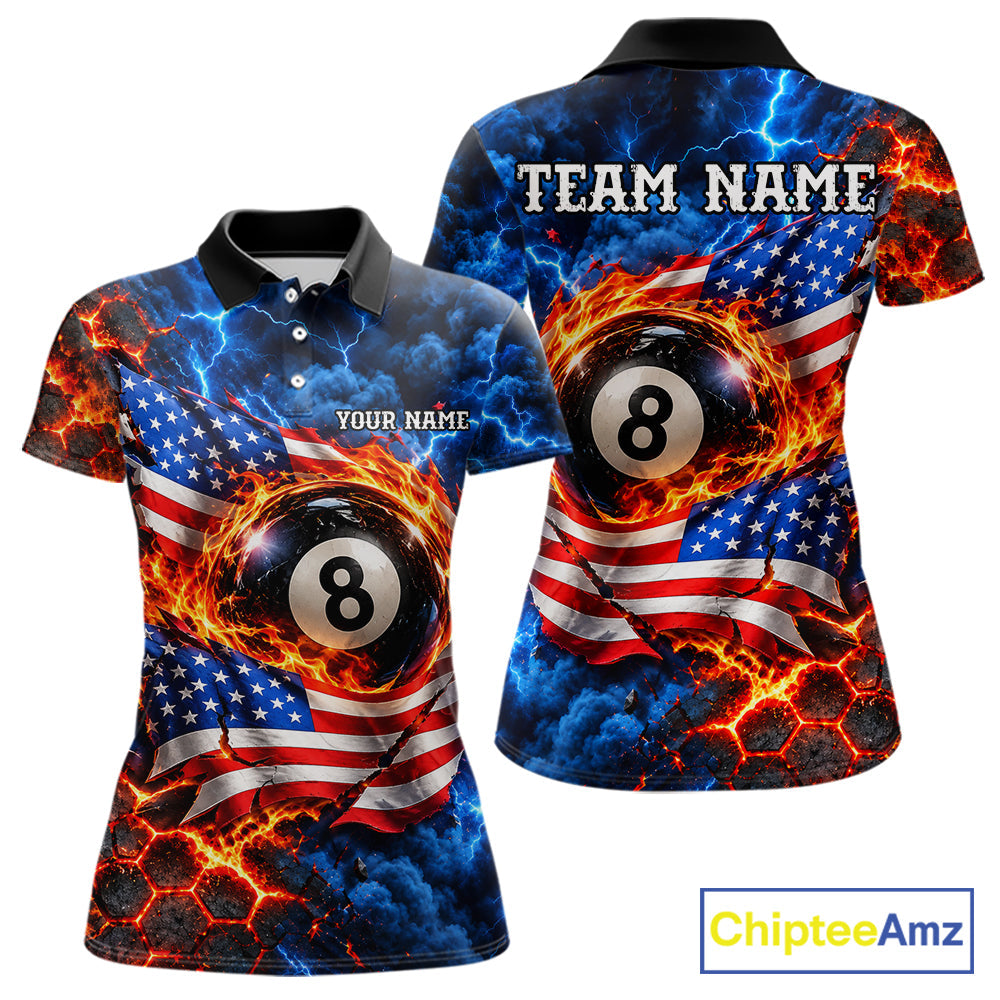 Flaming 8 Ball US Flag Billiard Shirt Custom Lightning Billiard Pool Shirt For Pool Lovers