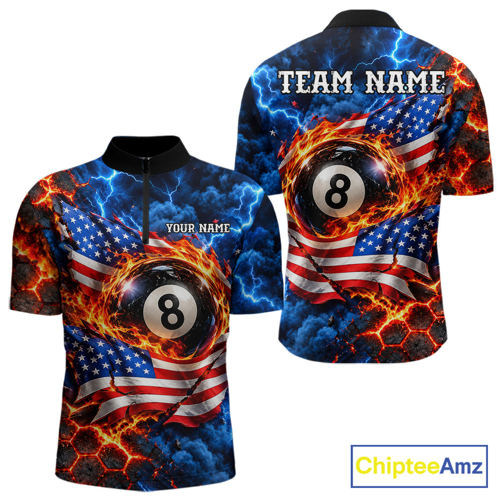 Flaming 8 Ball US Flag Billiard Shirt Custom Lightning Billiard Pool Shirt For Pool Lovers