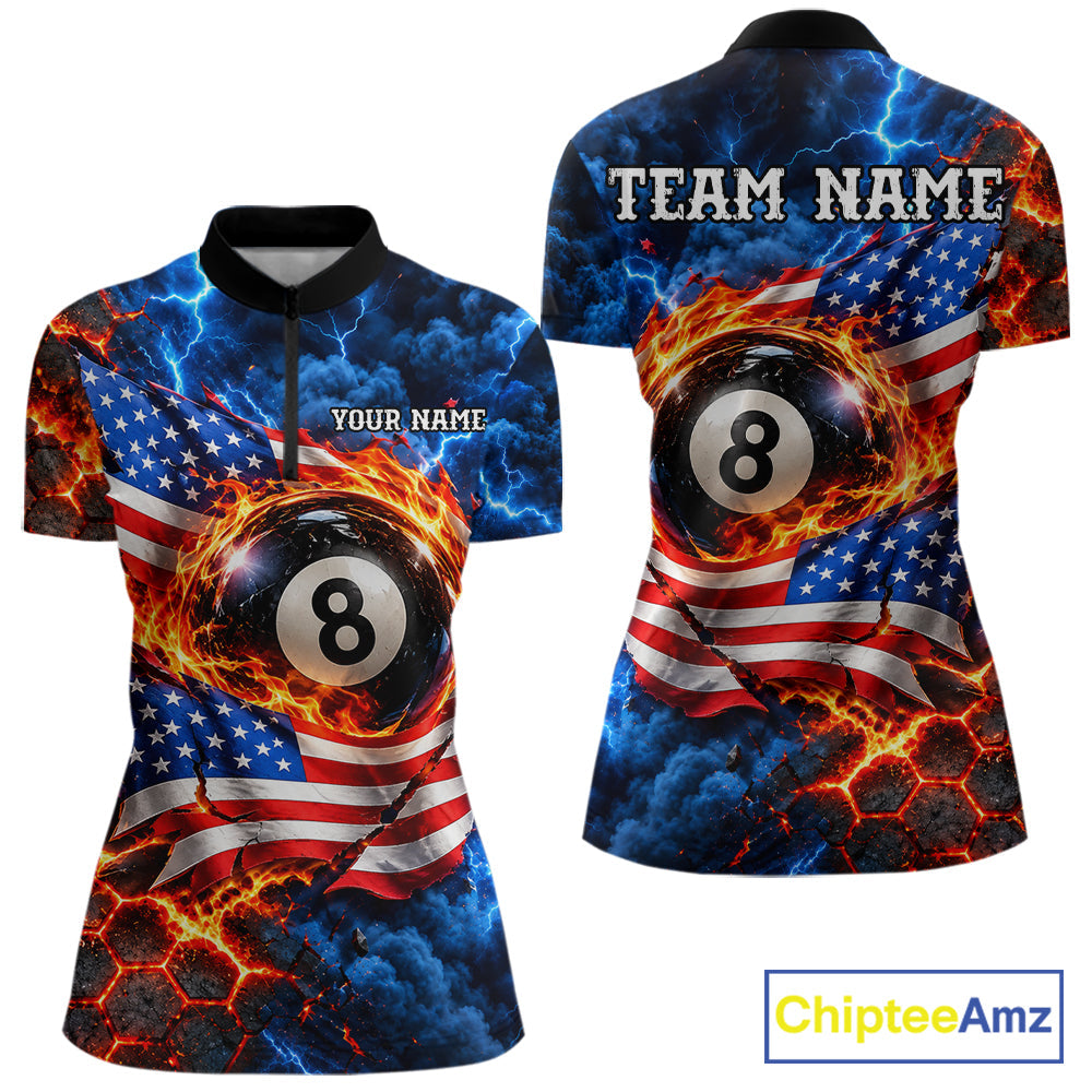 Flaming 8 Ball US Flag Billiard Shirt Custom Lightning Billiard Pool Shirt For Pool Lovers