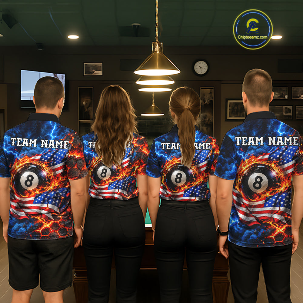 Flaming 8 Ball US Flag Billiard Shirt Custom Lightning Billiard Pool Shirt For Pool Lovers