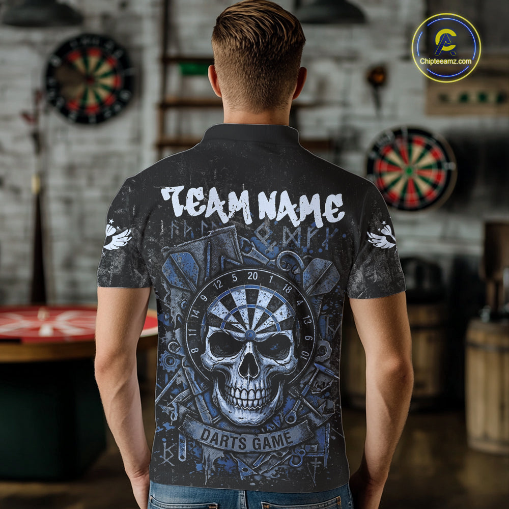 Blue Graffiti Grunge Skull Darts Shirt Custom Name & Team Skull Dart Outfit Jerseys