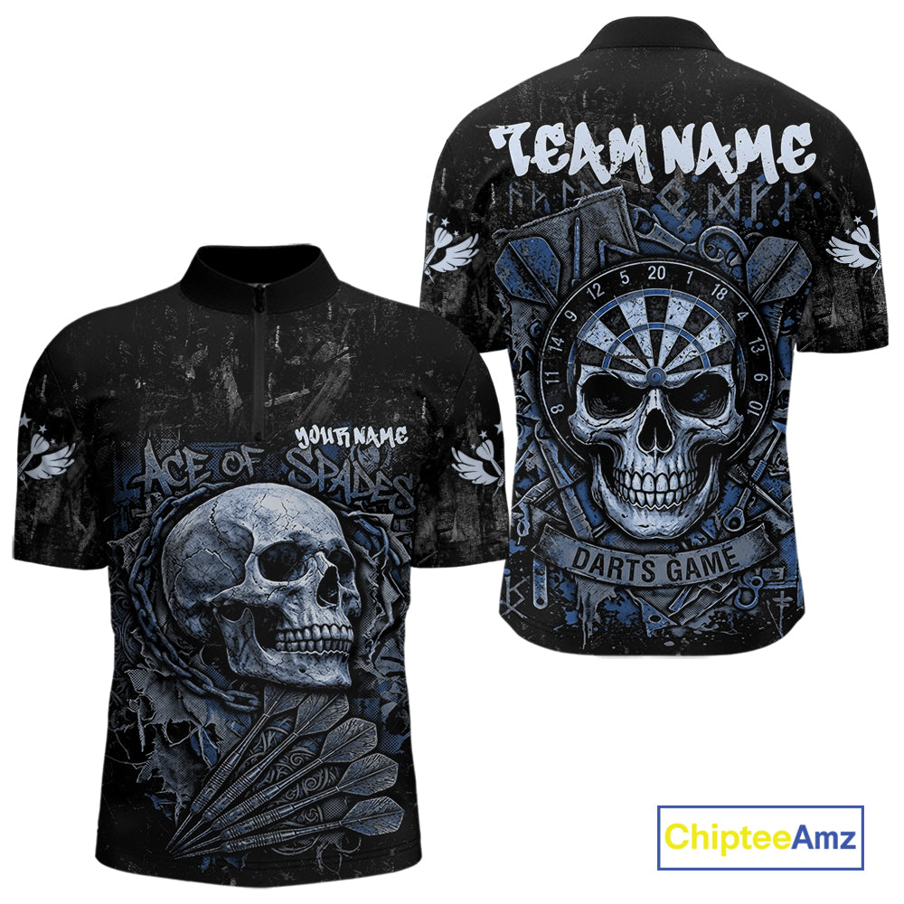 Blue Graffiti Grunge Skull Darts Shirt Custom Name & Team Skull Dart Outfit Jerseys