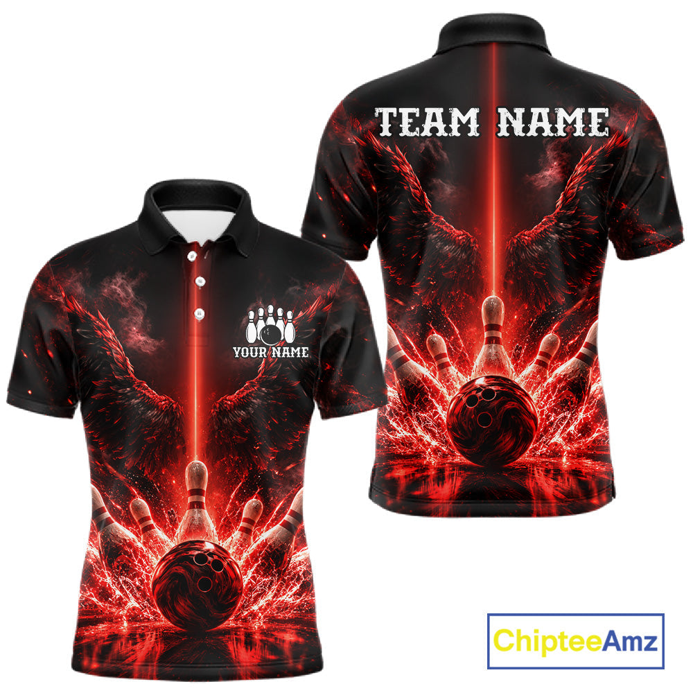 Custom Red Fire Wings Bowling Polo 1/4-Zip Shirt Personalized Flaming Strike Bowling Jersey