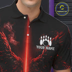 Custom Red Fire Wings Bowling Polo 1/4-Zip Shirt Personalized Flaming Strike Bowling Jersey