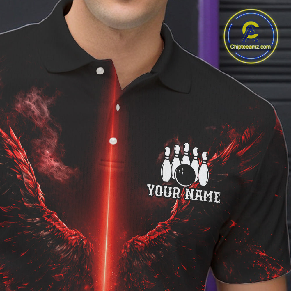 Custom Red Fire Wings Bowling Polo 1/4-Zip Shirt Personalized Flaming Strike Bowling Jersey