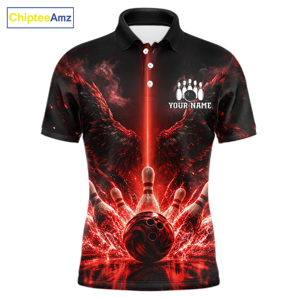 Custom Red Fire Wings Bowling Polo 1/4-Zip Shirt Personalized Flaming Strike Bowling Jersey
