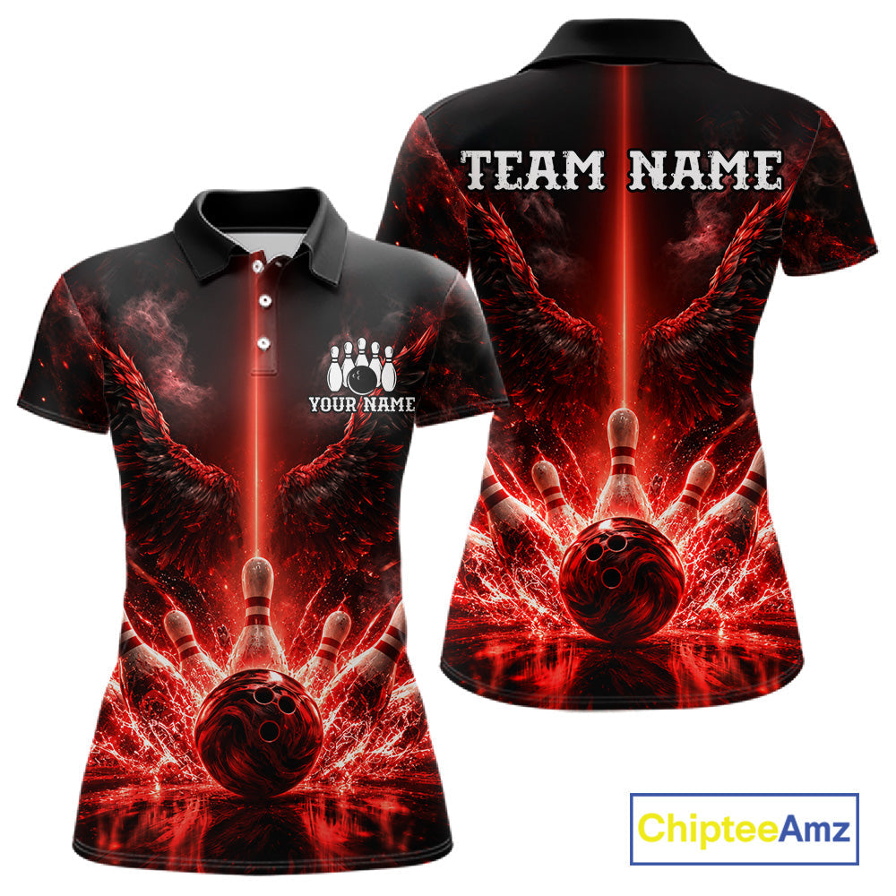 Custom Red Fire Wings Bowling Polo 1/4-Zip Shirt Personalized Flaming Strike Bowling Jersey
