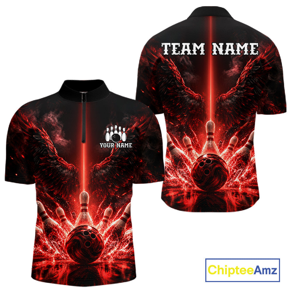 Custom Red Fire Wings Bowling Polo 1/4-Zip Shirt Personalized Flaming Strike Bowling Jersey
