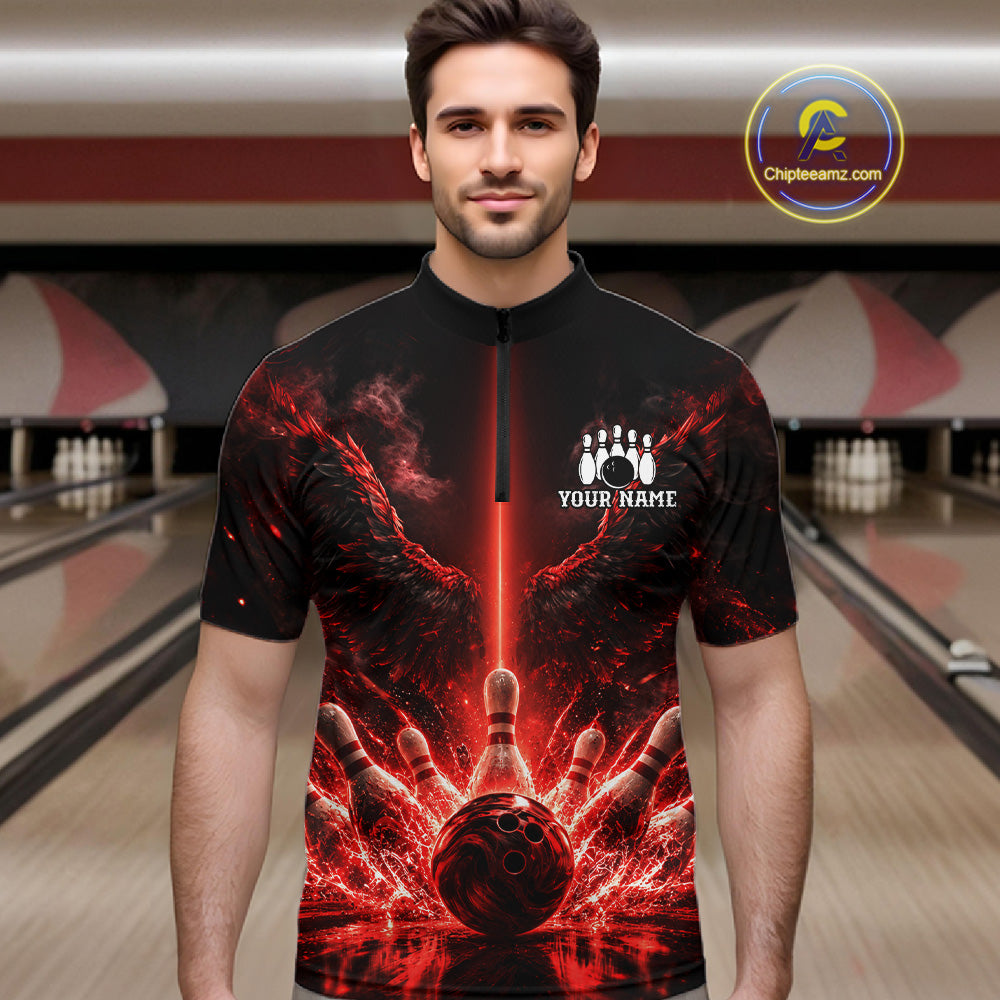 Custom Red Fire Wings Bowling Polo 1/4-Zip Shirt Personalized Flaming Strike Bowling Jersey