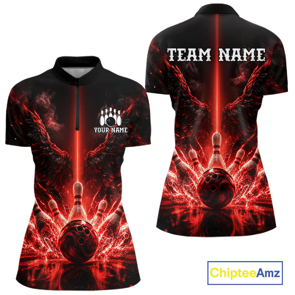 Custom Red Fire Wings Bowling Polo 1/4-Zip Shirt Personalized Flaming Strike Bowling Jersey