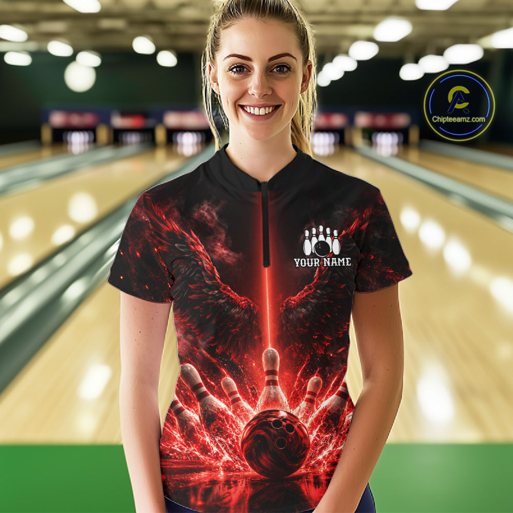Custom Red Fire Wings Bowling Polo 1/4-Zip Shirt Personalized Flaming Strike Bowling Jersey