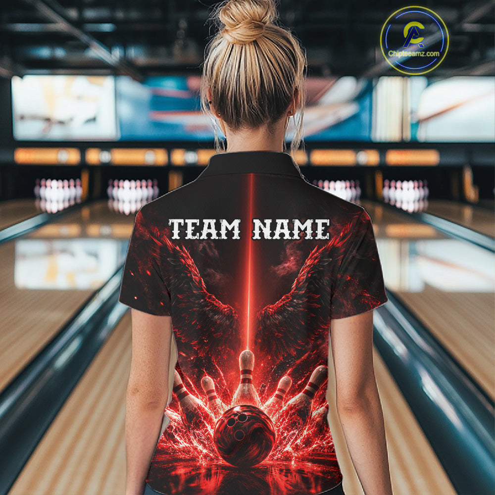Custom Red Fire Wings Bowling Polo 1/4-Zip Shirt Personalized Flaming Strike Bowling Jersey