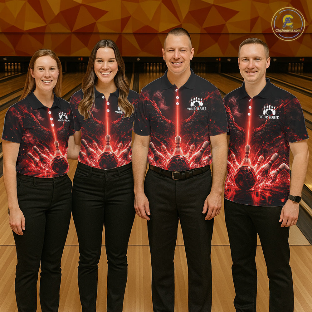 Custom Red Fire Wings Bowling Polo 1/4-Zip Shirt Personalized Flaming Strike Bowling Jersey