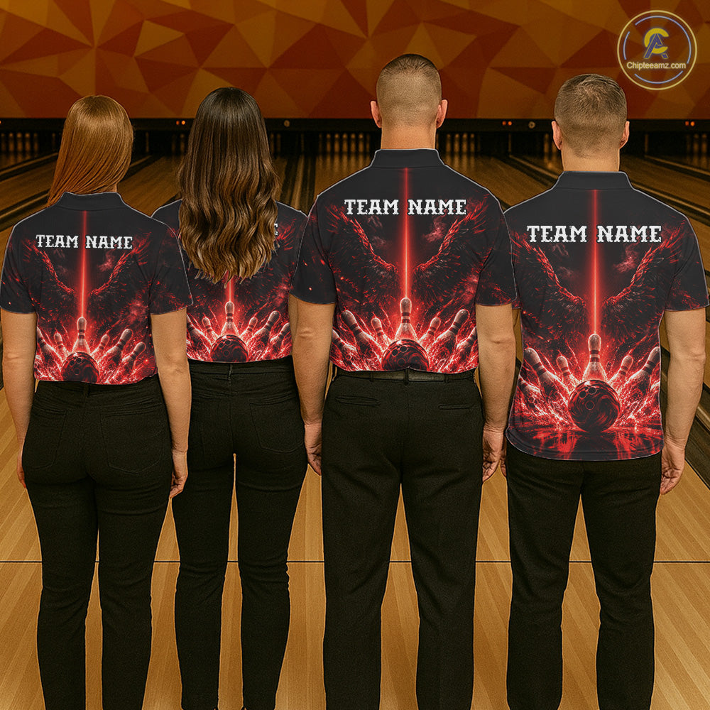 Custom Red Fire Wings Bowling Polo 1/4-Zip Shirt Personalized Flaming Strike Bowling Jersey