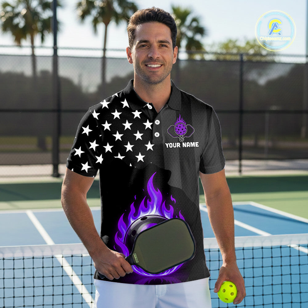 Custom Purple Flames Pickleball Ball 3D League Jerseys Pickleball US Flag Team Shirts
