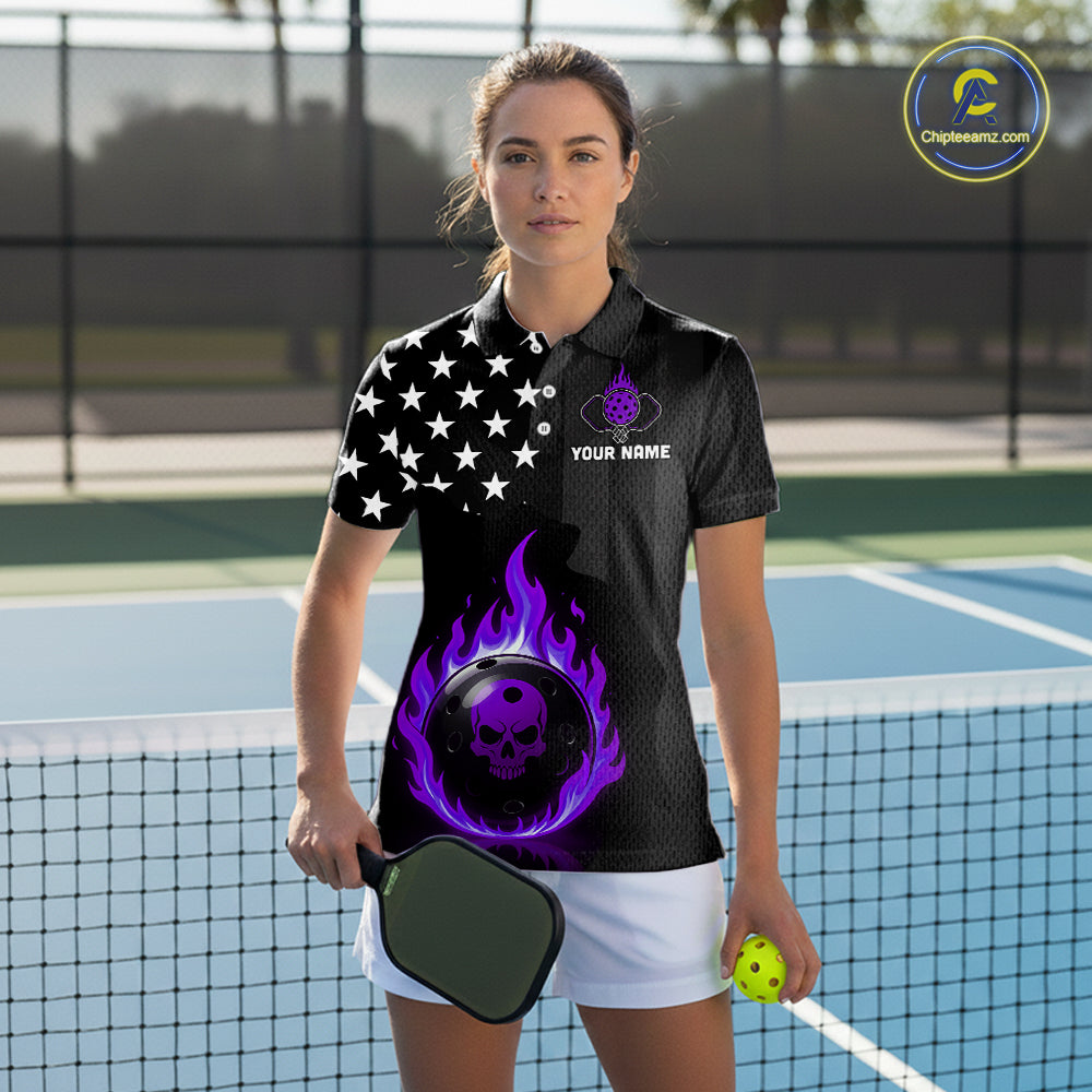Custom Purple Flames Pickleball Ball 3D League Jerseys Pickleball US Flag Team Shirts